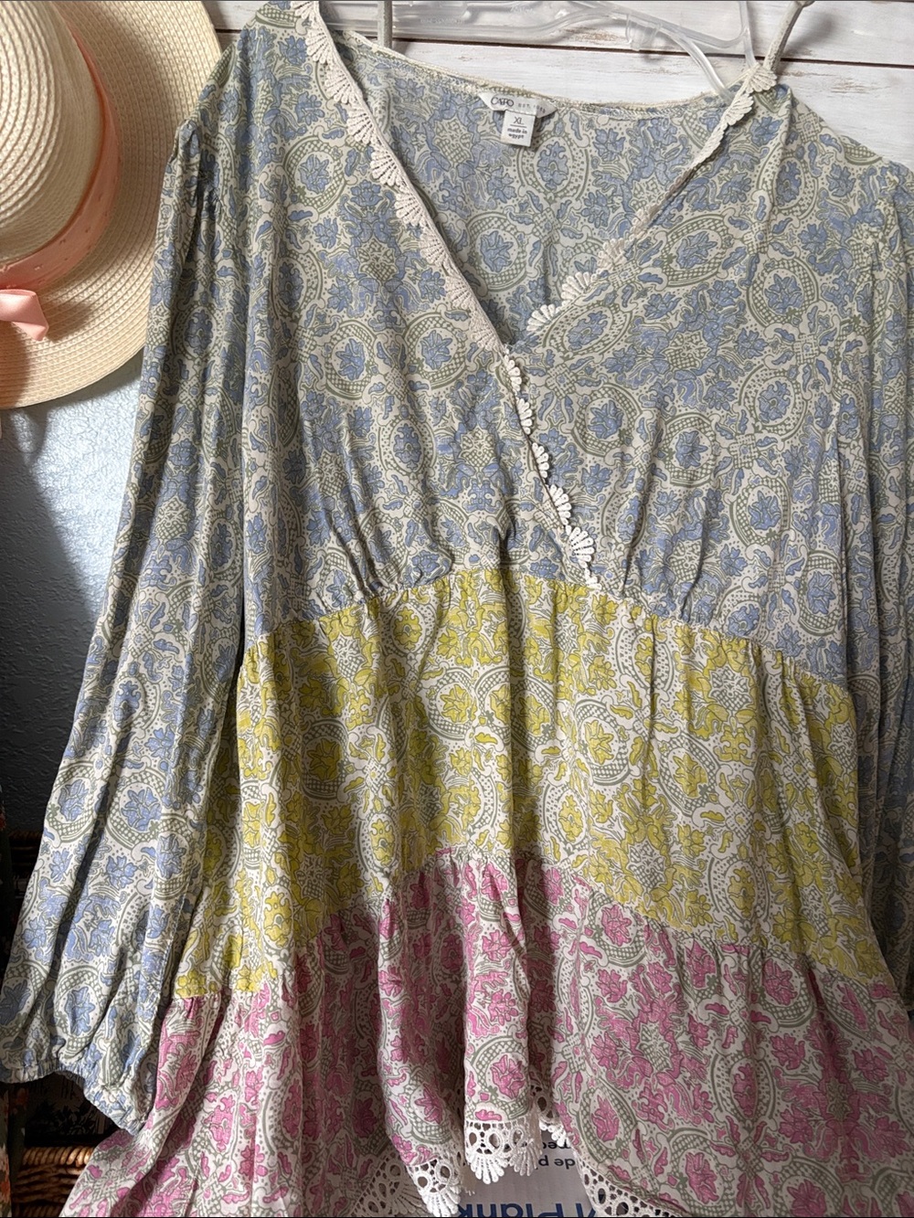 Cato Boho Tiered Paisley Blouse in Blue, Yellow, Pink